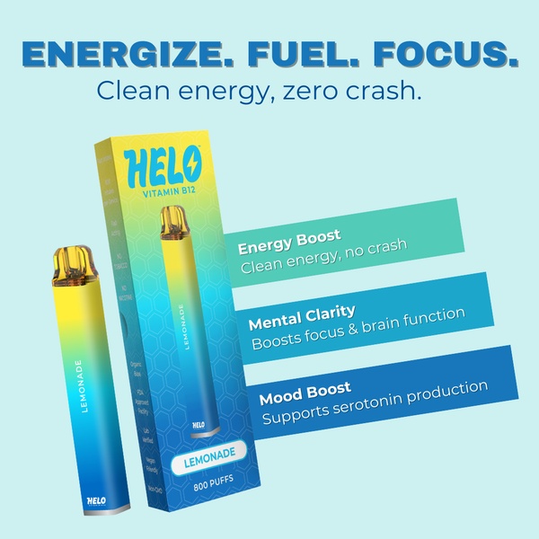 A high-clarity product showcase featuring a Vitamin B12 vape, highlighting key benefits like energy and focus with a clean, minimalist design.